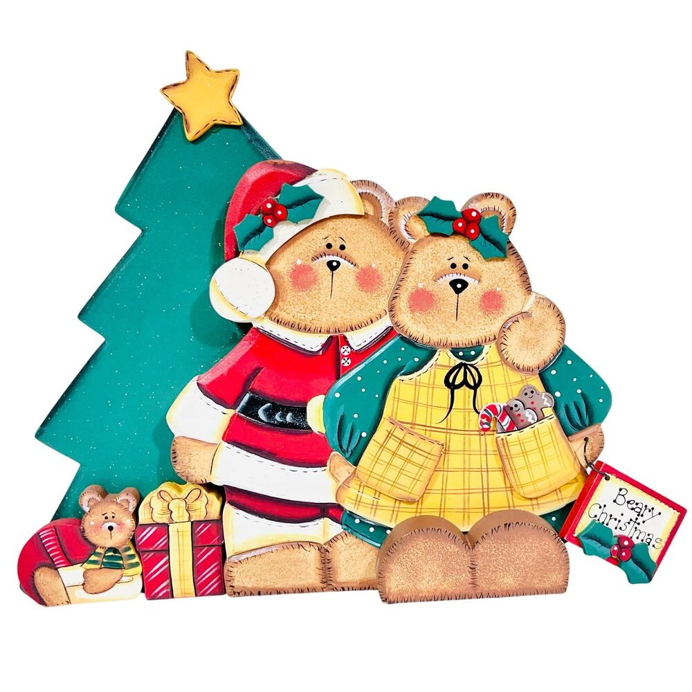 "Beary Christmas" Holiday Santa Bear Tree Decor Sign Wooden Plaque 13"